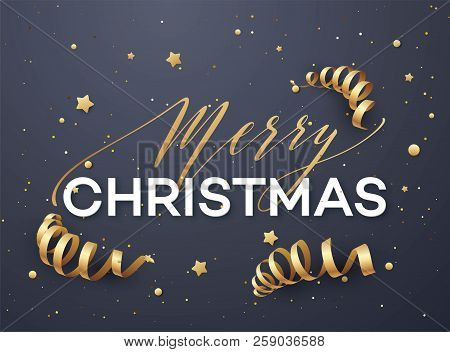 Merry Christmas Greeting Card Vector Template. Merry Christmas Lettering With Golden Streamer, Glitt