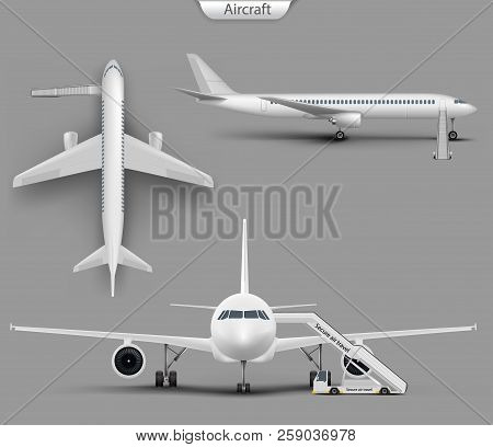 Realistic White Aircraft Mockup Set. Blank Airplane, Airliner With Jet Ladder From Top, Side And Fro