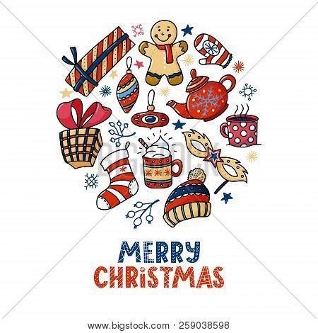 Round Christmas Greeting Card Design With Text And Doodles - Gingerman, Teapot, Cups, Presents, Vect