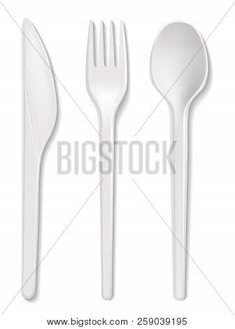 Disposable Plastic Spoon, Fork And Knife Isolated Cutlery. Realistic White Plastic Party Or Picnic T