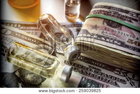 Vials With Different Substances Over Dollar, Concept Of Copayment
