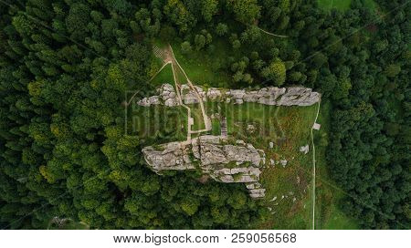 Tustan Rocks From Above . Tustan Castle Aerial View Fly Over. Tustan Was A Medieval Cliff-side Fortr