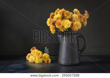 Autumn Dark Still Life. Fall With Yellow Chrysanthemum Flowers In Clayware Vase On Black.