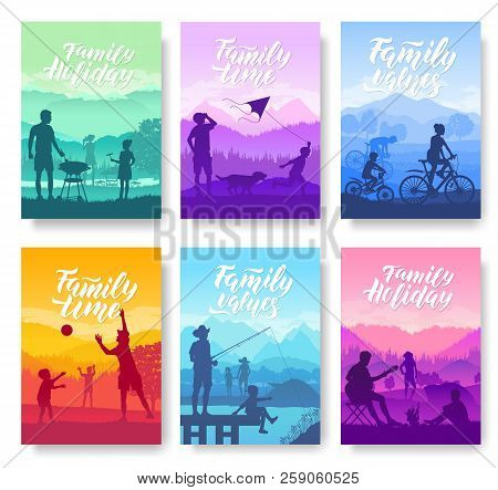 Family Vacation With Children In Nature Brochure Cards Set. Friendly Resorts  Template Of Flyear, Ma