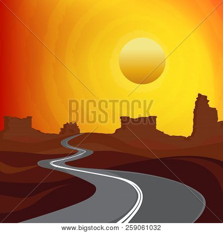 The Road In The Desert At Sunset. Vector Illustration.