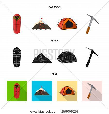 Vector Illustration Of Mountaineering And Peak Sign. Set Of Mountaineering And Camp Vector Icon For 