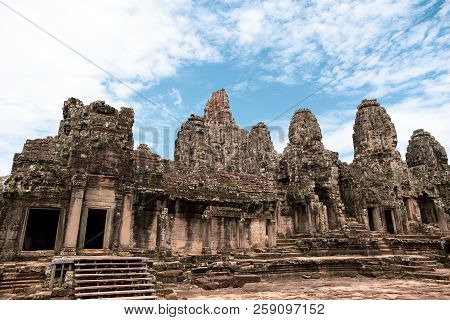 Bayon Ancient Temple At Ankgor Thom At Angkor Wat Complex In Siem Reap Cambodia.