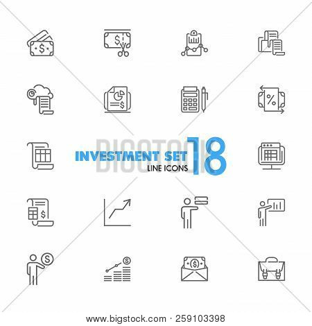 Investment Icons. Set Of  Line Icons. Report, Accounting, Insurance. Finance Concept. Vector Illustr