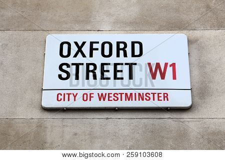London, Uk - July 7, 2016: Oxford Street Sign In London, Uk. London Is The Most Populous City In The