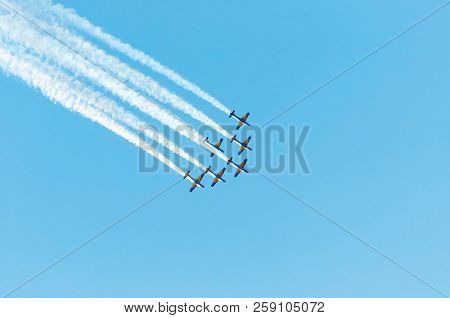 Campo Grande, Brazil - September 09, 2018: Six Fab Esquadrilha Da Fumaca Airplanes Flying Upside Dow