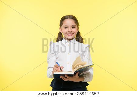 Write Note To Remember. Child School Uniform Smart Kid Happy Make Note. Girl Happy Face Make Note Ab