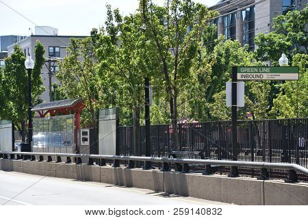 Boston, Ma - Jun 16: Mbta Green Line Surface-level Trolley Stop At Northeastern University In Boston