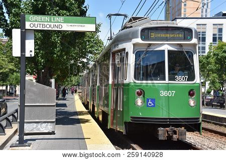 Boston, Ma - Jun 16: Mbta Green Line Surface-level Trolley Stop At Northeastern University In Boston