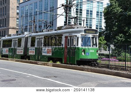 Boston, Ma - Jun 16: Mbta Green Line Surface-level Trolley Stop At Northeastern University In Boston
