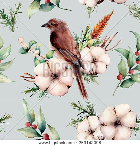 Watercolor Seamless Patttern With Bird And Cotton. Hand Painted Floral Illustration With White Flowe
