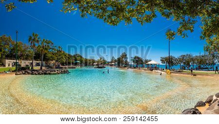Brisbane, AUS - Sept 09, 2018: Settlement Cove Lagoon on the beach on sunny day, Redcliffe, Brisbane, Australia