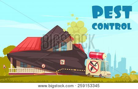 Pest Control Outside Illustration With View Of House Under Disinfection Procedures With Disinfectors