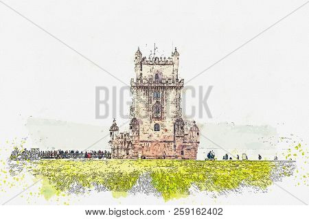 Illustration. Torre De Belem Or The Belem Tower Is One Of The Attractions Of Lisbon. The Fortress Wa