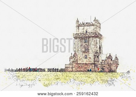 Illustration. Torre De Belem Or The Belem Tower Is One Of The Attractions Of Lisbon. The Fortress Wa