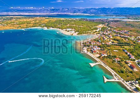 Aerial View Of Zaton Tourist Waterfront And Velebit Mountain Background, Dalmatia Region Of Croatia