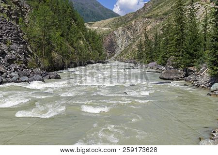 The Chuya River In A Narrow Canyon.  End Of The Mazhoy Cascade. August. Surroundings Of The Village 