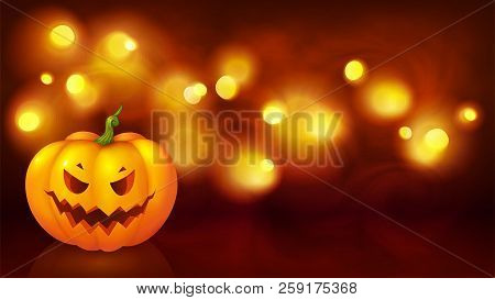 Angry Face Cartoon Style Pumpkin On Yellow Boken Defocused Backdrop, Vector Halloween Background
