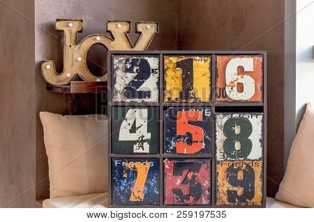 Unusual Wooden Furniture. Trendy Interior Item For Creative Home Design.wooden Inscription Joy. Old 