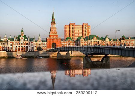 View Of The Bridge And Blagoveshchenskaya Tower In The Centre Of Yoshkar-ola City In Russia