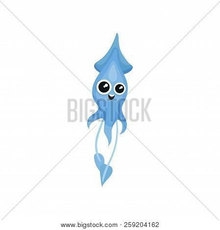Flat Vector Icon Of Cute Blue Squid. Mollusk With Big Shiny Eyes. Marine Creature. Element For Mobil