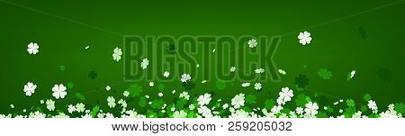 Green Saint Patrick's Day Banner With Four-leaved Shamrocks. Vector Illustration.