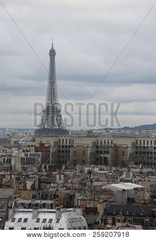 Eiffel Tower From Basilica Of Notre Dame In Paris France And Many Parisan Houses