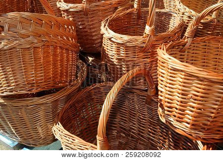 Many Baskets In Wicker Also Called Rattan Material For Sale At Market