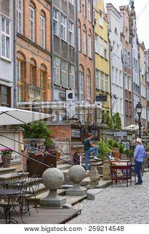 Gdansk, Poland - June 5, 2018: Mariacka Street, Typical Decorative Stoop With Stone Stairs, Fronts O