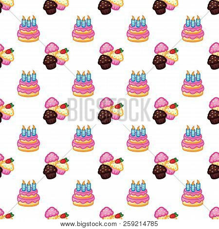 Birthday Pattern. Birthday Cake With Candles For Celebration Party, Cake, Confectionery Cupcakes. Ev