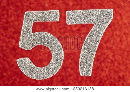 Number Fifty-seven Silver Color Over A Red Background. Anniversary. Horizontal
