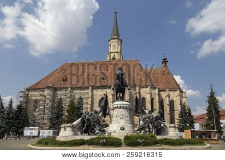 Cluj-napoca, Transylvania, Romania - August 21, 2018:  The Famous Mathias Rex Statue  On August 21, 