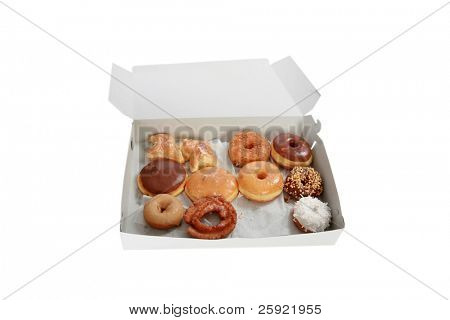 Dens Donut tid!  en kasse med frisk donuts isoleret på hvid