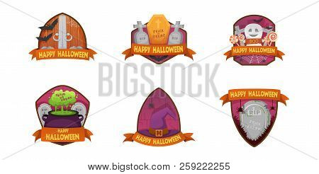 Set Of Cartoon Style Happy Halloween Labels And Budges.with Pumpkin Heads. Old Scary  Medieval Doors