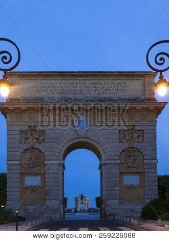 Montpellier, France - June 17, 2018: Night View On Triumphal Arch Porte Du Peyrou In Historical Quar