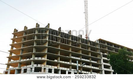Construction Of Office Building With  Crane. Construction Site.