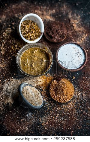 Close Up Of Face Pack Of Mung Bean Or Green Gram On Wooden Surface With Sandalwood Powder,milk,green