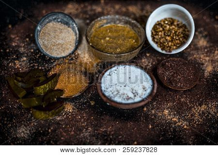 Close Up Of Mung Dal Face Pack With Aloe Vera,sandalwood,milk, And With Green Grams On Wooden Surfac