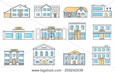 Buildings Set. Residential Cottages, Store, Mall, Ship, Museum, Hospital, Library, Bank Building Iso