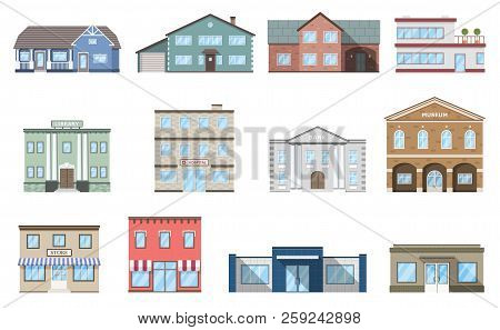 Buildings Set. Residential Cottages, Store, Mall, Ship, Museum, Hospital, Library, Bank Building Iso