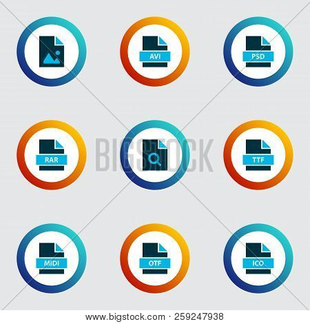 Types Icons Colored Set With Open Type, File Rar, Search File And Other True Type Elements. Isolated