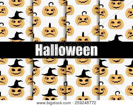 Halloween Seamless Patterns Set. Scary Faces, Jack-o-lantern Pumpkin Icon. Vector Illustration