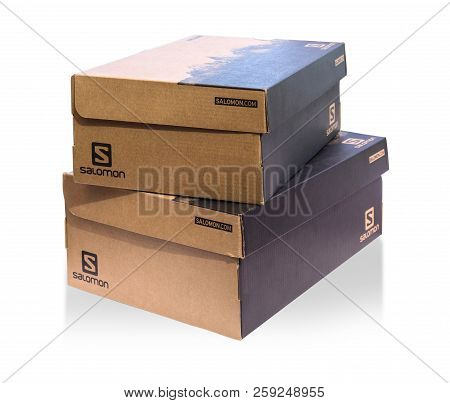 Pomos, Cyprus - September 04, 2017: Sport Shoe Boxes. Product Shoot Of  Salomon Shoeboxes. Isolated 