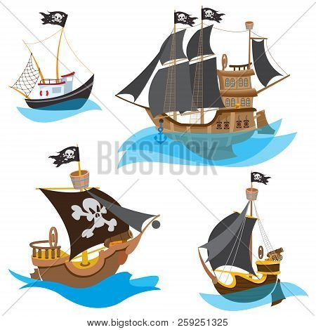 A Set Of Illustrations Depicting Various Types Of Ships. Pirate Frigate And Sailboats With Black Sai