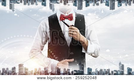 Double Exposure Of Confident And Young Businessman In Smart-casual Wear Smoking Pipe And Modern City