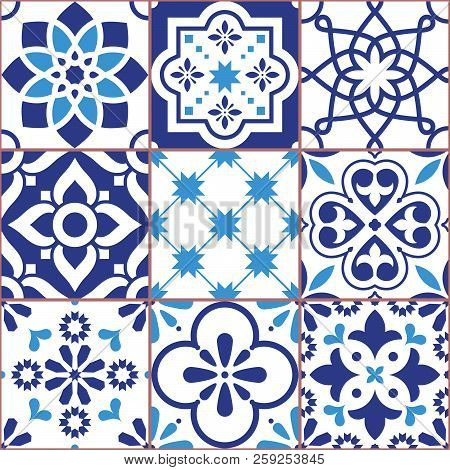Lisbon Tiles Design, Azulejo Vector Seamless Pattern, Abstract And Floral Decoration Inspired By Tra